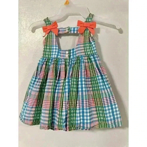 Janie and jack Kids Plaid Dress Coral Bows Ruffle Summer Picnic Outfit sz 12-18 - Picture 3 of 4